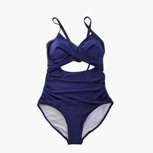 Eomenie Womens Blue Ruched Tummy Control Cutout One Piece Swimsuit Large